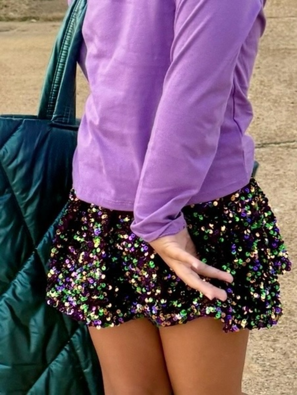 Azarhia Mardi Gras Sequin Skort Girls Size 4 EUC Purple Green Gold Mini Skirt